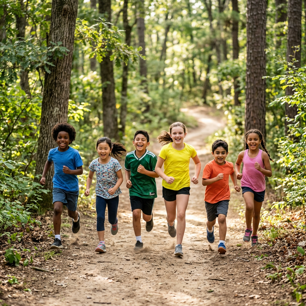 Six children running together on a forest trail